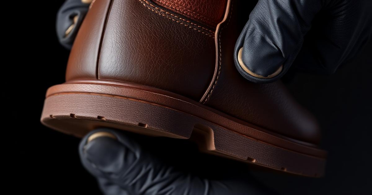 Close-up quality check of stitching and welt on a pair of replica boots