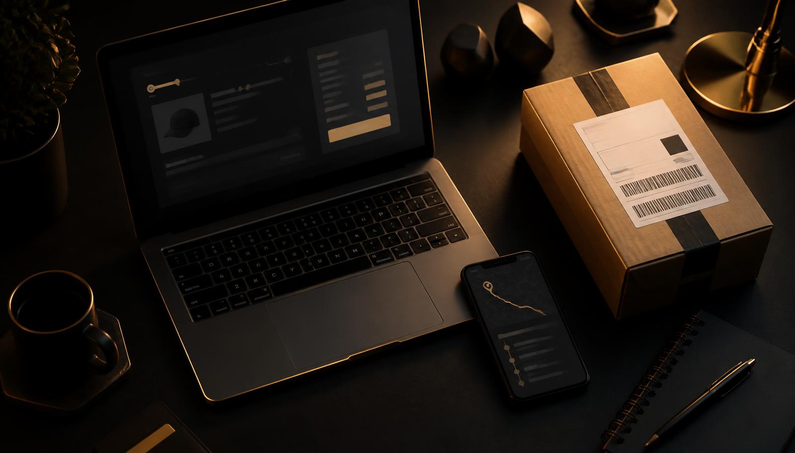 Laptop showing a checkout page beside a phone with tracking and a labelled parcel on a dark desk