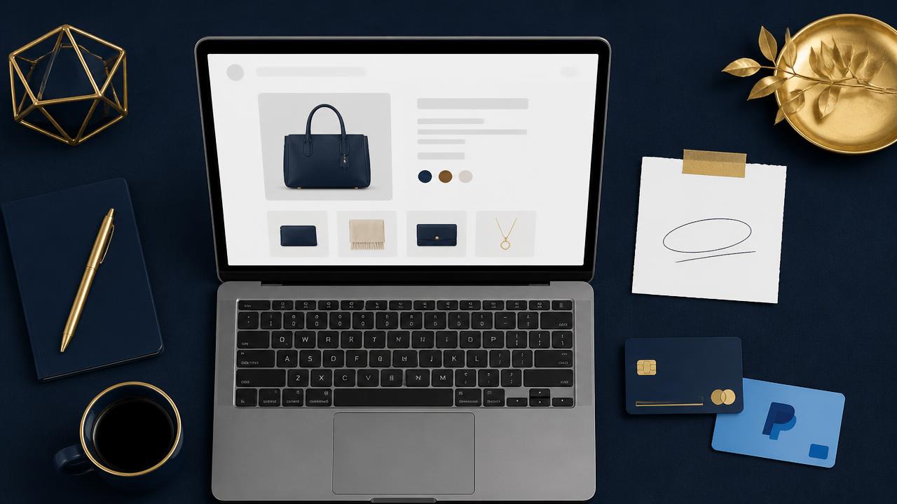 Laptop showing a hidden link checkout page with a note of the product code, card and PayPal payment options