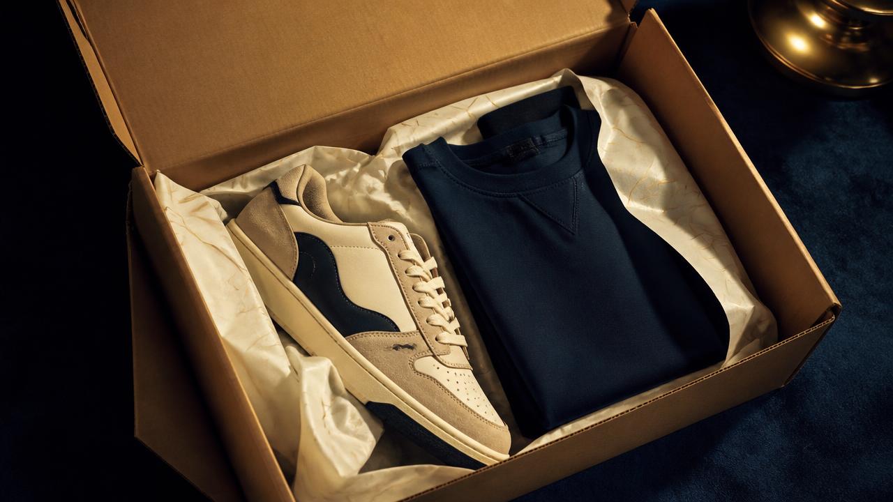 Opened parcel from a FlyLink hidden link order containing a sneaker and folded apparel