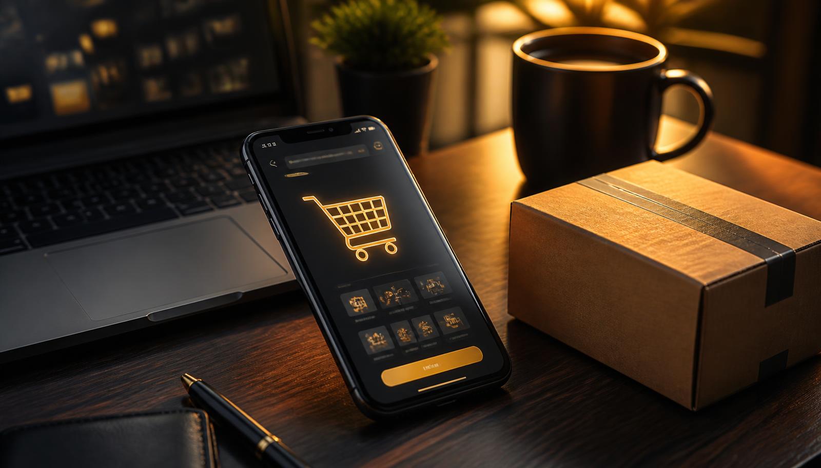 Phone showing an online shopping cart beside a laptop, coffee and a shipping box on a dark desk