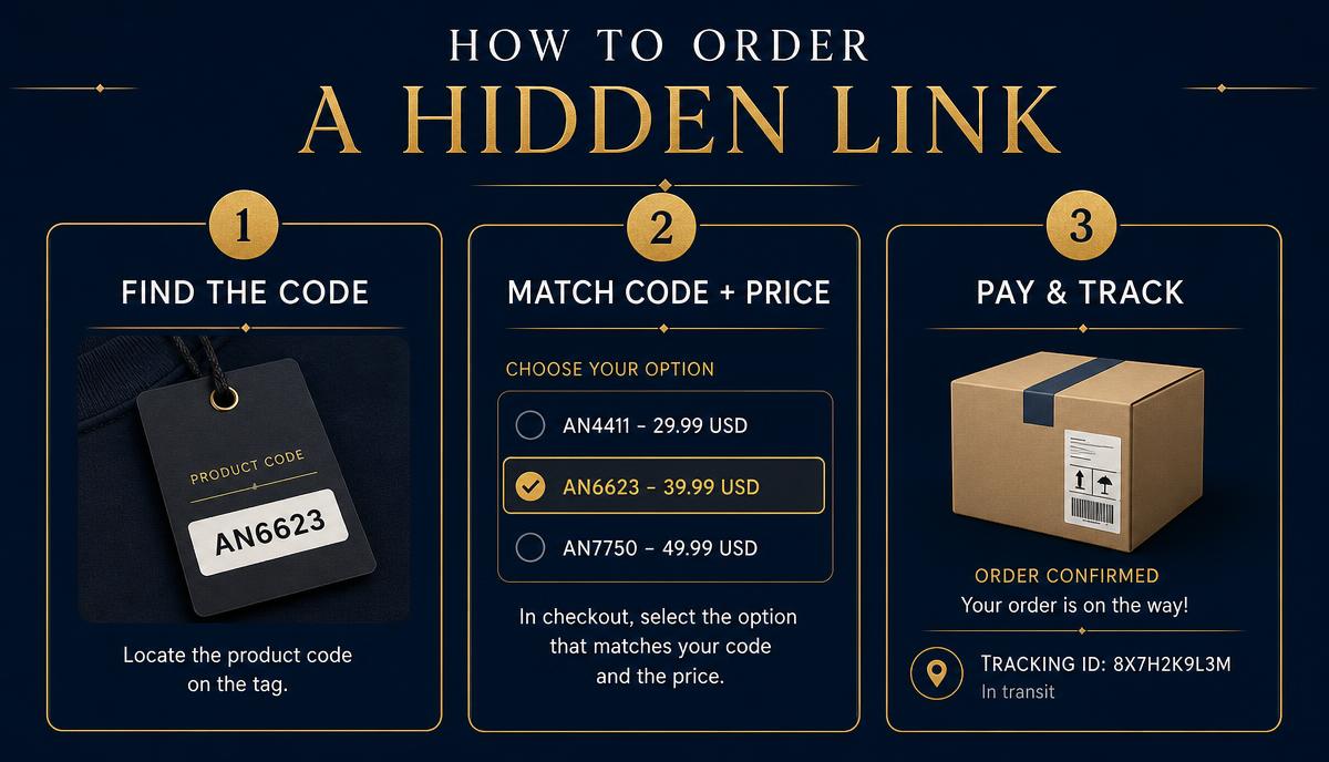 Three steps to order a Yupoo hidden link: find the product code, match code and price at checkout, then pay and track