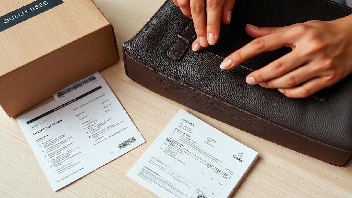 Hands checking the stitching of a leather bag next to its shipping box and packing list