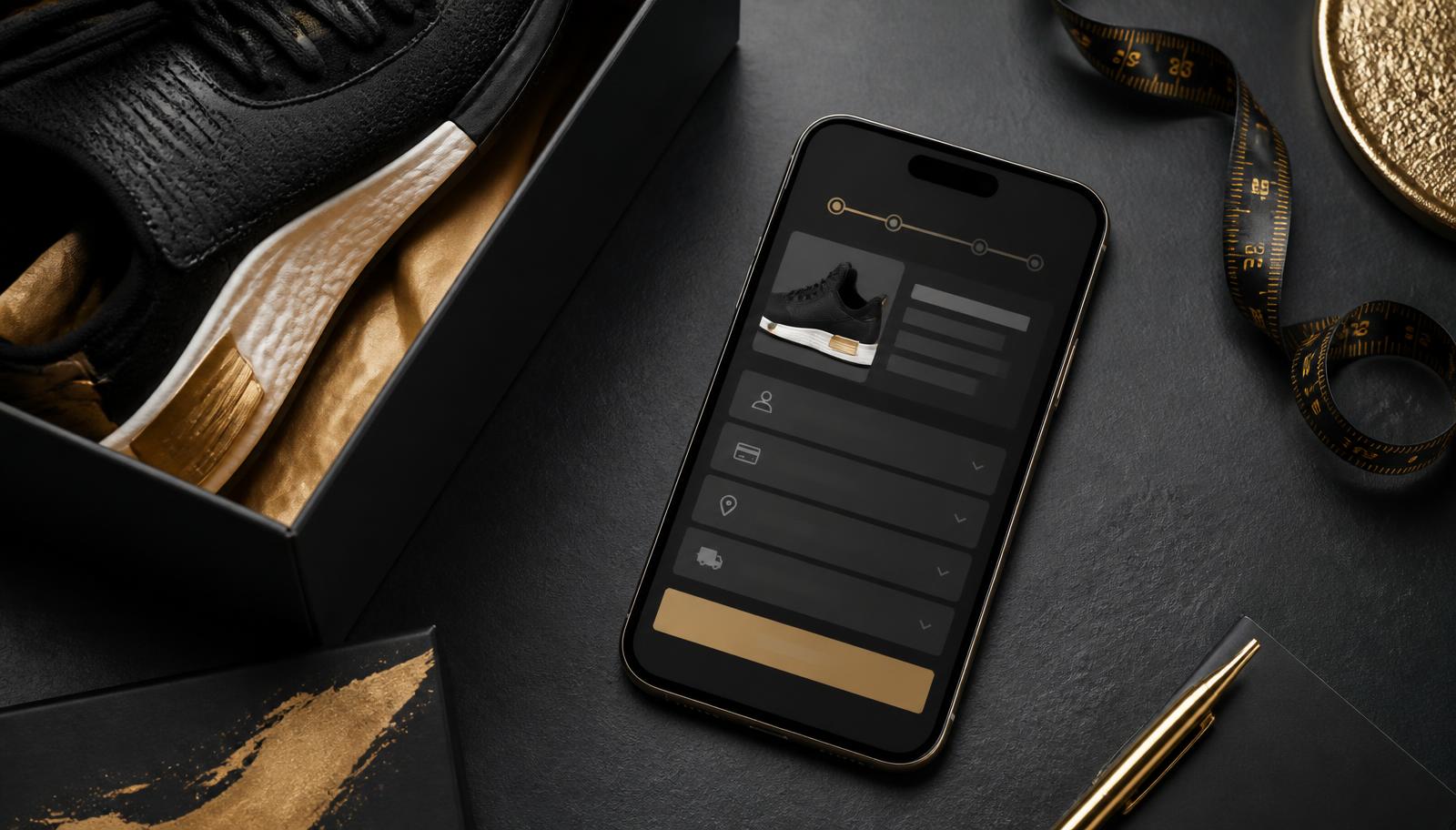 Smartphone showing a shoe checkout screen beside a shoe box and measuring tape