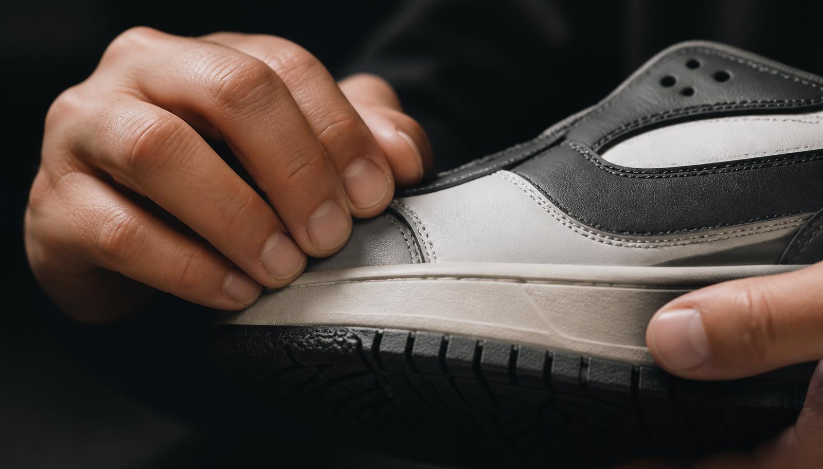 Close-up of hands inspecting sneaker stitching and sole quality